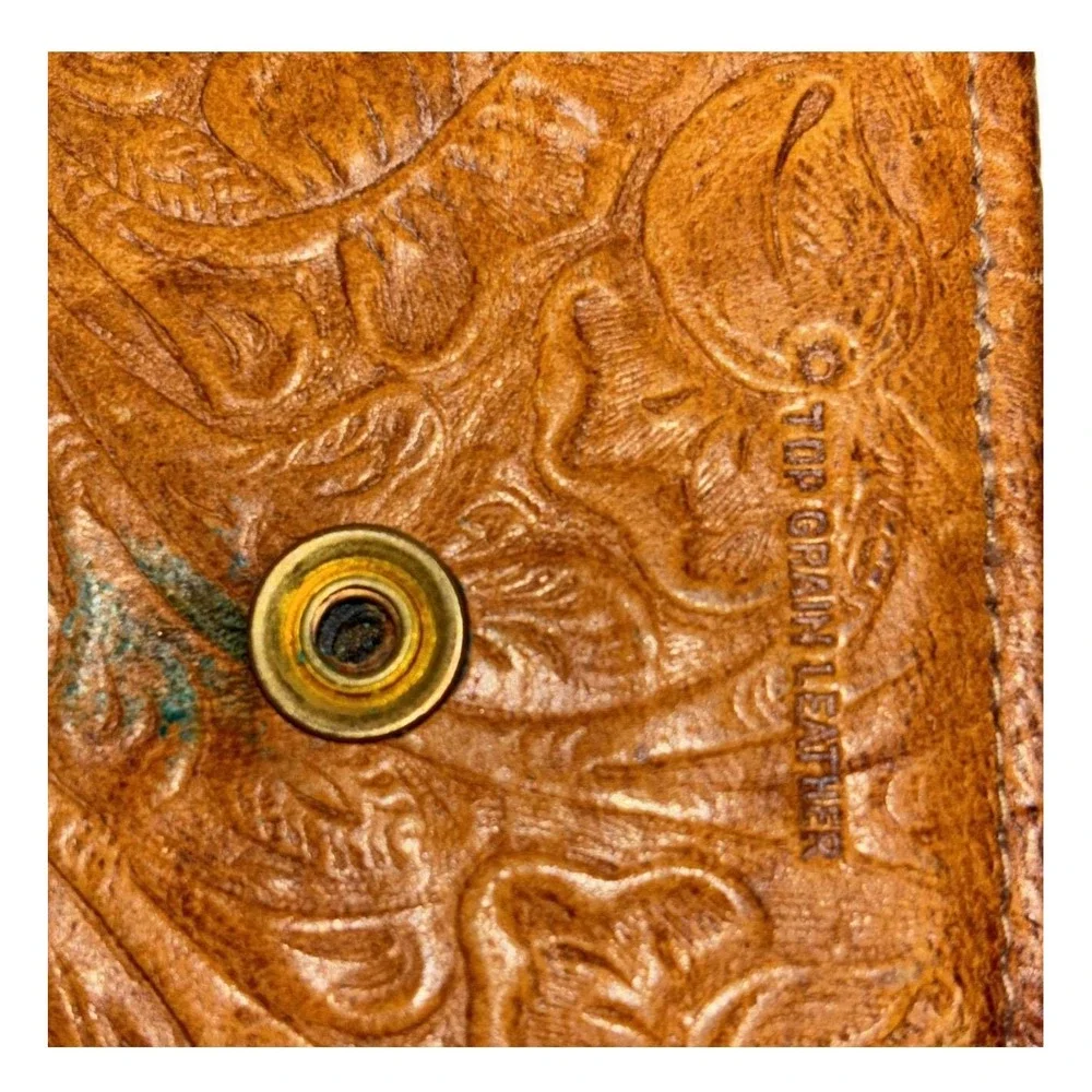 Vintage Embossed Floral Top Grain Leather Tri Fold Wallet Tan Brown